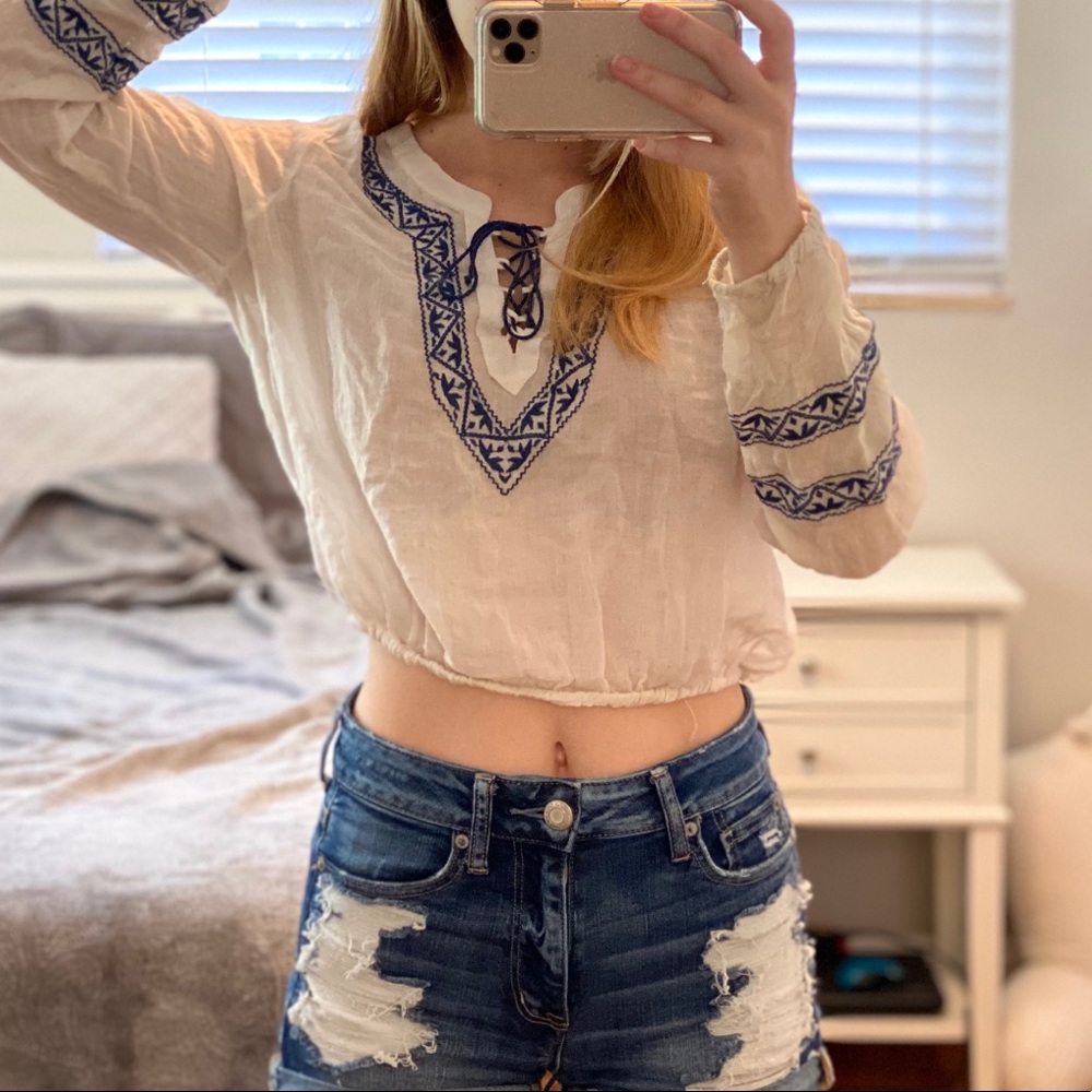 Prince & Fox Lace Up Embroidered Blouse